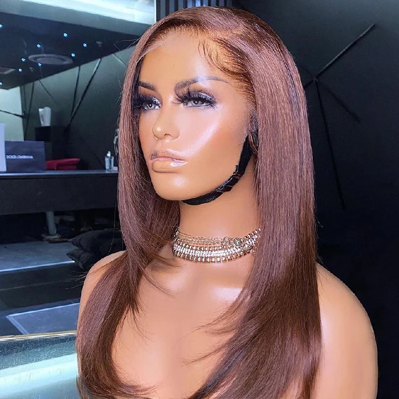 Colored wig with a wavy texture for a beachy and fun lookReddish Brown Straight 13x4 Lace Front Straight Butterfly Haircut #33 Auburn Brown Wig Layered Hair