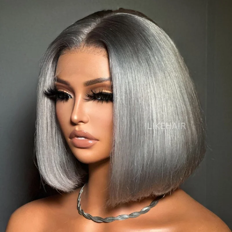 Colored wig with a pre - plucked hairline for a more natural lookShort Ash Grey Silky Bob 13x4 Lace Front Wig