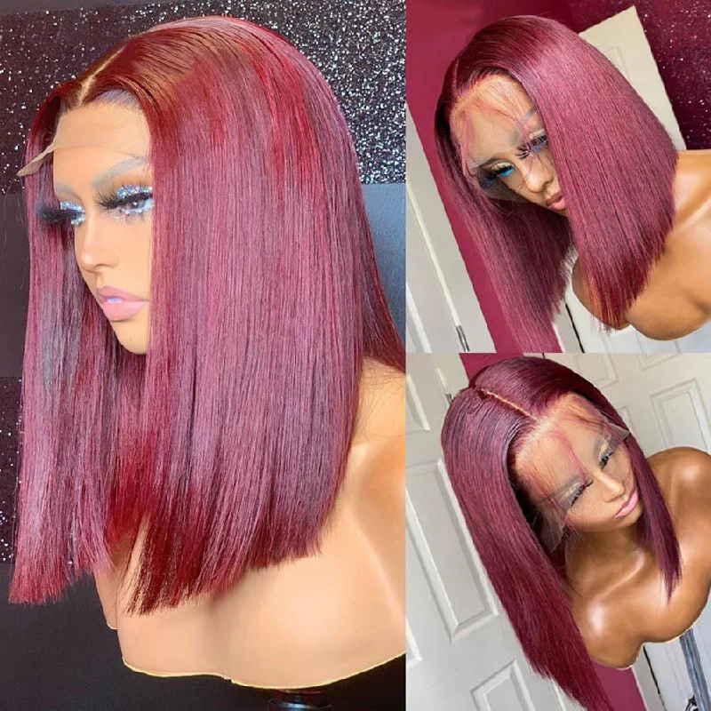 Colored wig in a vibrant pink color for a bold and eye - catching lookShort Bob 13x4 Lace Front Wig Burgundy 99J Straight Bob Wig 100% Human Hair For Black Women-Amanda Hair