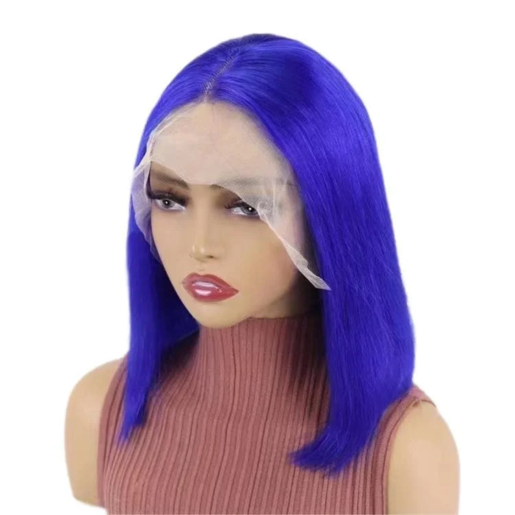 Colored wig with a 150 - density for a full and thick appearanceShort Bob Wigs Human Hair 13x4 Lace Front Straight Middle Parted Hairstyles Blue