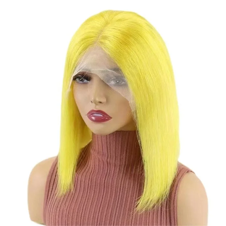 Colored wig with a middle - part for a classic and elegant styleShort Bob Wigs Human Hair 13x4 Lace Front Straight Middle Parted Hairstyles Yellow