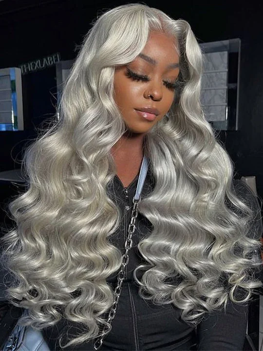 Colored wig with a blue - green ombre effect for a unique and trendy appearanceSilver Grey Wig 3D Body Wave 13x4 Lace Frontal Human Hair Wigs