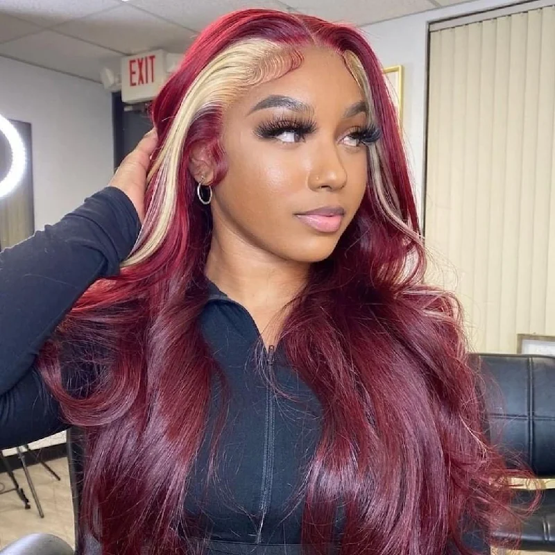 Colored wig in a vibrant pink color for a bold and eye - catching lookSkunk Stripe Straight 13*4 Lace Front Red Wine & Blonde Highlight Color Wig-Amanda Hair