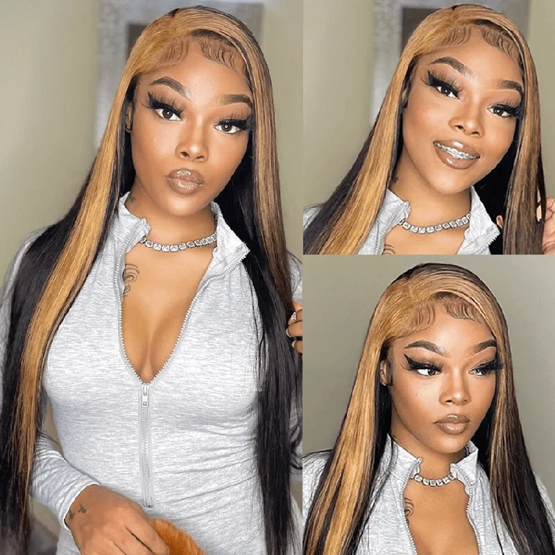 Colored wig with a silk - base cap for a comfortable and smooth feelSkunk Stripe Wig With Honey Blonde Highlights Human Hair Transparent Lace Front Wig-Amanda Hair