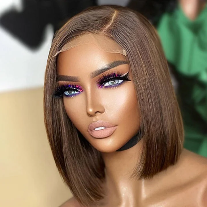 Colored wig with a curly texture for a bold and stylish choiceStraight Human Hair Brown Bob Highlight Color Wig -Amanda Hair