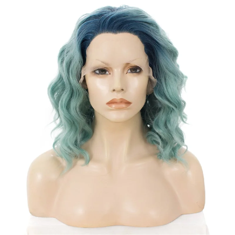 Colored wig with a pre - bleached knot for a natural - looking scalpMint - Green Ombré with Deep Blue Roots Wig