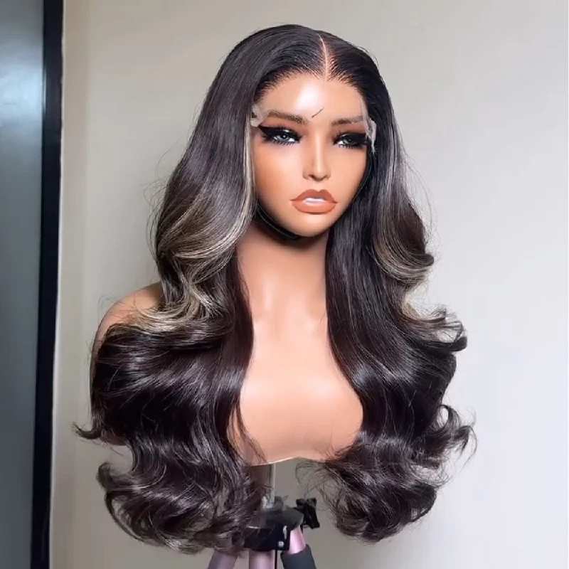 Colored wig with a silk - base cap for a comfortable and smooth feelTrandy Dark Brown Highlight Wavy Lace Closure Wig