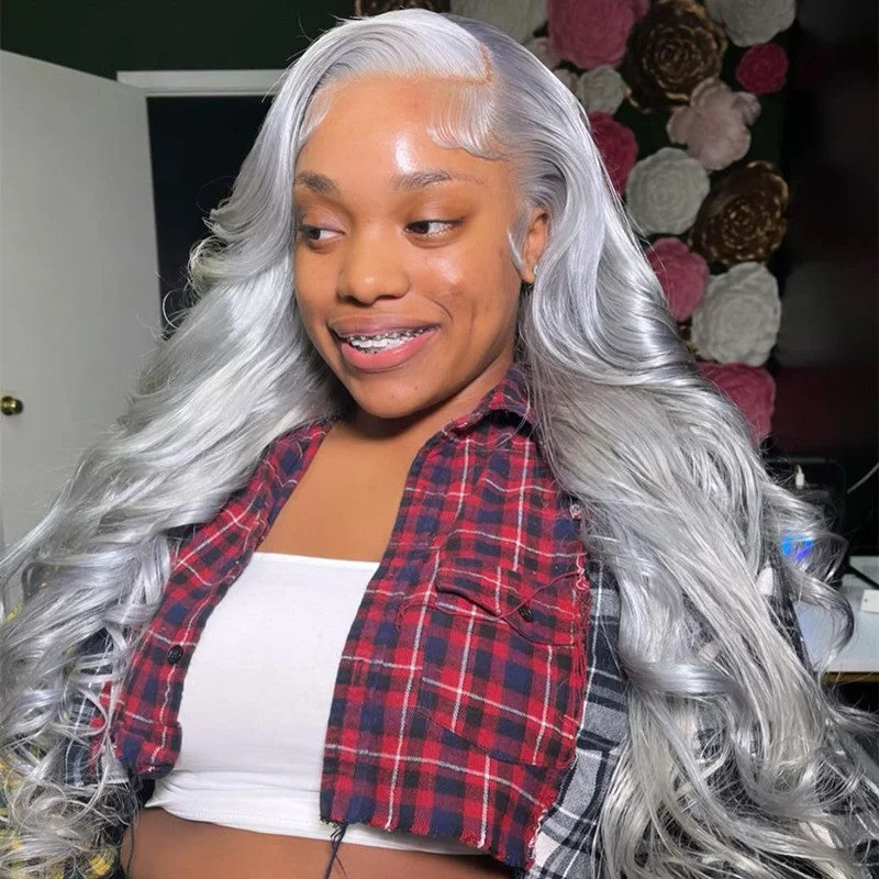 Colored wig with a blue - green ombre effect for a unique and trendy appearanceWavymy Body Wave Grey Color 13x4 Straight Lace Front 180% Wigs Customized Color Wigs