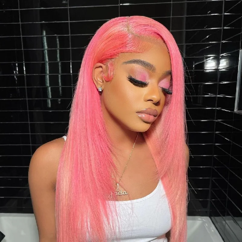 Colored wig with a natural - looking root for a more realistic lookWavymy 13x4 Lace Front Pink Color Virgin Human Hair Straight Wig Long Hairstyles