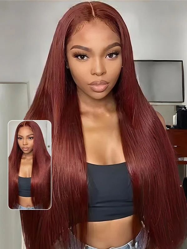 Colored wig with a curly texture for a bold and stylish choiceWavymy Reddish Brown 13x4 Lace Frontal Straight Transparent Lace Wigs Real Ear To Ear Lace Pre Plucked Human Hair Wigs  Perfect Color For Women 180% Density