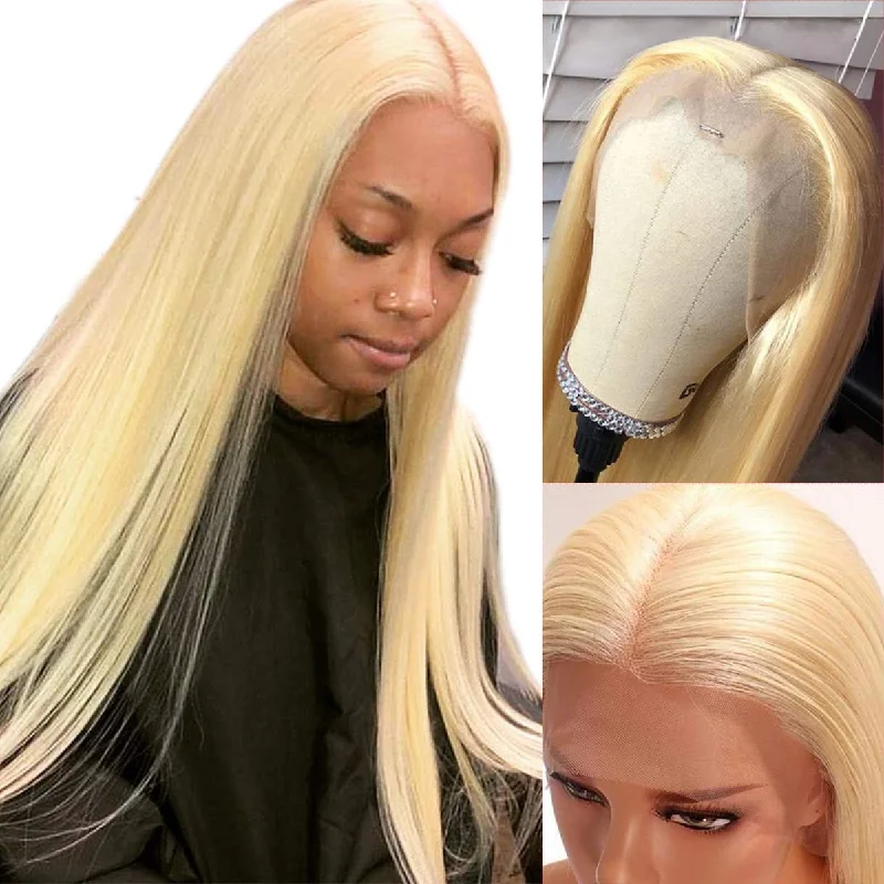 Colored wig with a straight texture for a sleek and minimalist lookWavymy 613 Blonde Straight 13x6  Lace Frontal Wig 180% Density Pre-plucked Hairline Wig