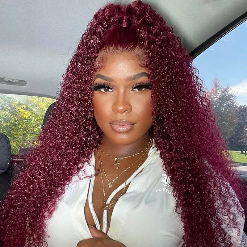 Colored wig with a side - swept bang for a sophisticated lookWavymy Kinky Curly 99J 13x4 Lace Front Wigs Pre Plucked Burgundy Color Hair Human Hair Wigs 14-30 Inch