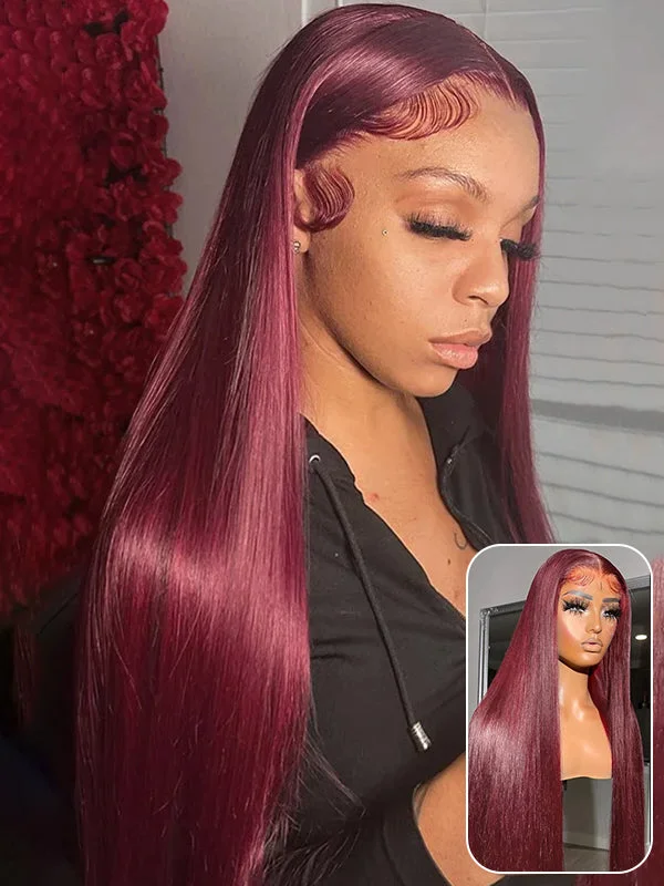 Colored wig with a pre - plucked hairline for a more natural lookWavymy 99J Burgundy Color 13x4 Lace Front Wigs Pre Plucked Long Straight Hair Human Hair Wigs