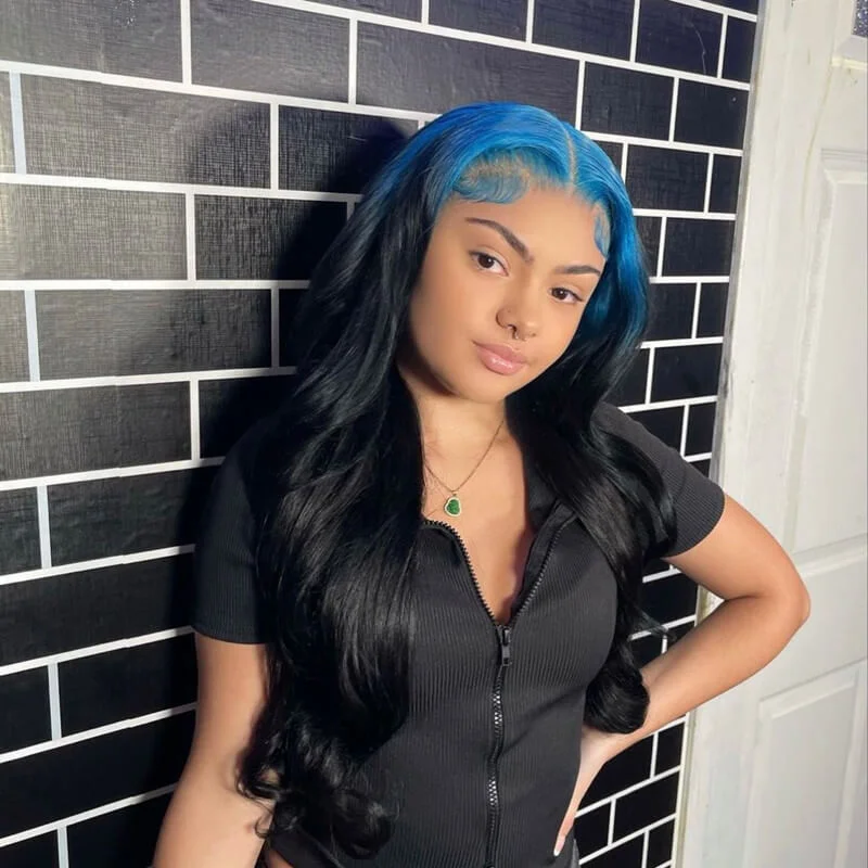 Colored wig with a wispy fringe for a soft and feminine lookWavymy Blue To Black Ombre Color 13x4 Lace Front Body Wave Wigs Skunk Stripe Color Wigs