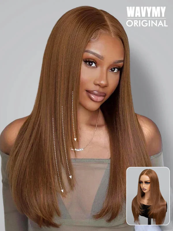 Synthetic colored wig with a heat - resistant formula for easy stylingWavymy Chestnut Brown Layered Cut Straight M-Cap Wear Go 9x6 Wigs 180% Density 100% Human Hair