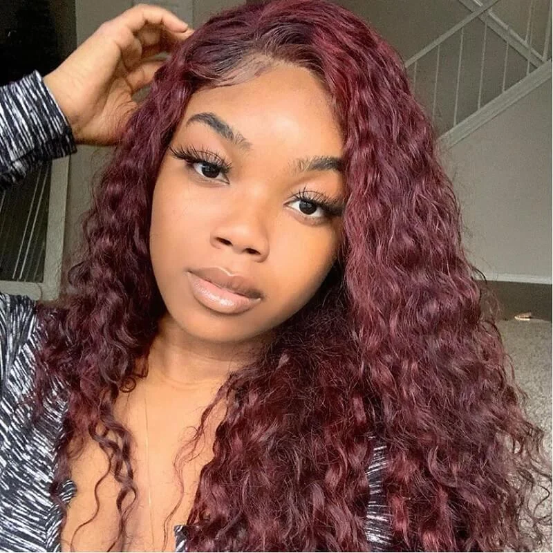 Human - hair colored wig for a natural and luxurious feelWavymy 99J Dark Burgundy Deep Wave 13x4 Lace Front Wig