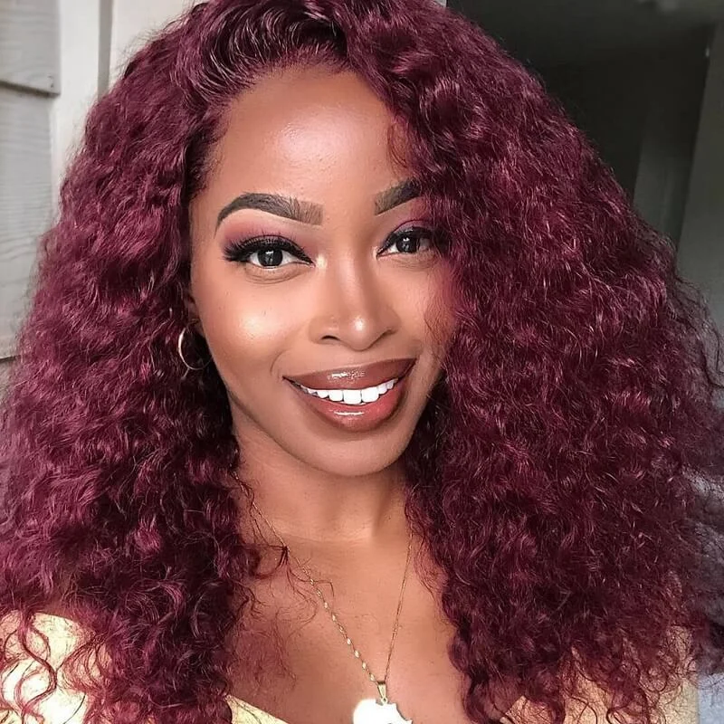 Colored wig with a side - part for a more flattering appearanceWavymy 4x4 Lace Closure Wig 99J Deep Wave Wig Dark Burgundy Human Hair Wigs 14-30 Inch