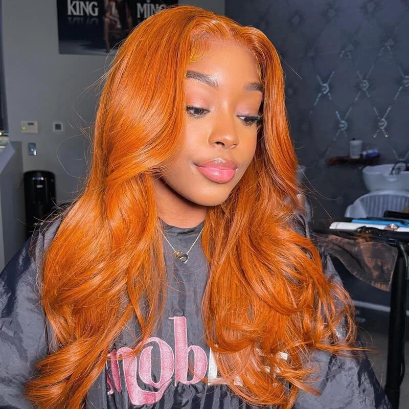 Colored wig with a wavy texture for a beachy and fun lookWavymy Ginger Color 13x4 Body Wave Lace Front Virgin Human Hair Wigs