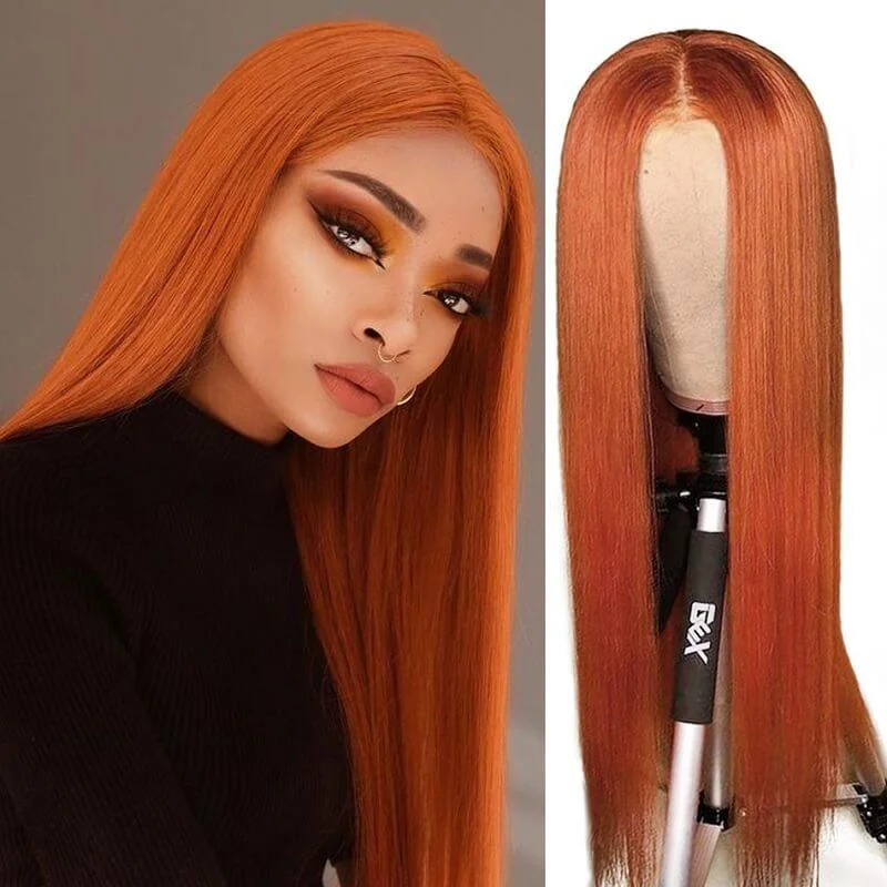 Colored wig with a wavy texture for a beachy and fun lookWavymy Straight  Ginger Orange Color 13x4 Lace Front Wig Human Hair Wigs For Women