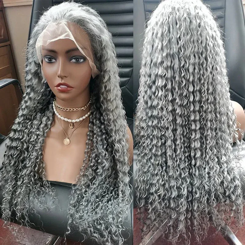 Human - hair colored wig for a natural and luxurious feelWavymy 13x4 Lace Front Grey Colored Deep Curly Human Hair Wigs Customized Color Wigs