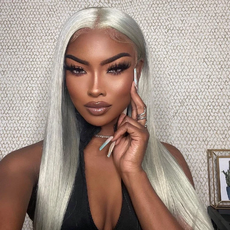 Colored wig with a pre - plucked hairline for a more natural lookWavymy Grey Hair 13x4  Lace Front Straight Human Hair Wigs Customized Color Wigs