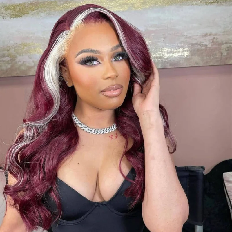 Colored wig with a straight texture for a sleek and minimalist lookWavymy 99J Burgundy With Blonde Body Wave Wig 13x4 Highlights Lace Front Wig Skunk Stripe Wigs