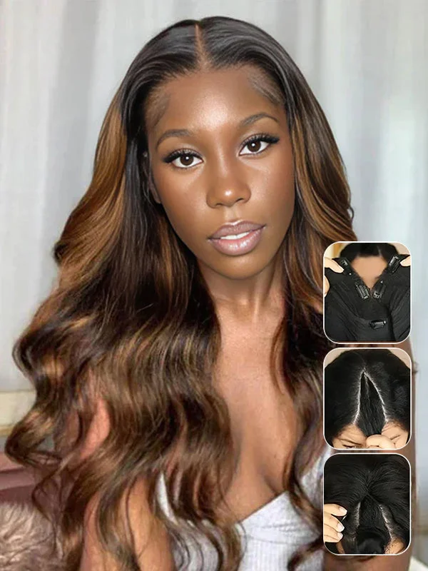 Human - hair colored wig for a natural and luxurious feelWavymy Balayage Highlight Body Wave V Part Wigs Beginner Friendly No Glue No Sew No Gel Human Hair Thin Part Customized Colors Wig 180% Density