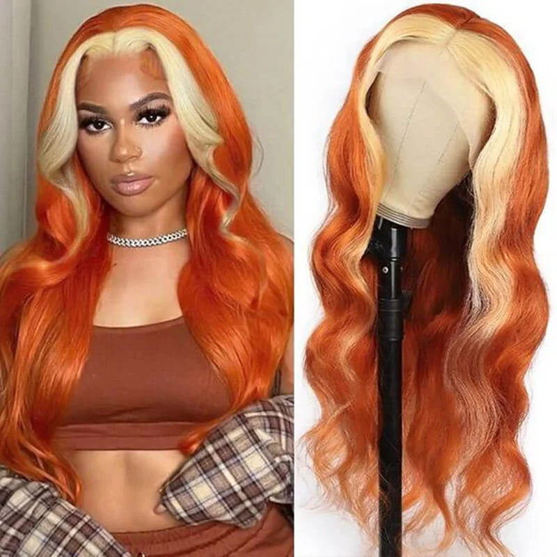 Adjustable - cap colored wig for a comfortable fitWavymy Ginger Orange With Blonde Skunk Stripe Color Body Wave Wig 13x4 Highlights Lace Human Hair Ombre Wigs