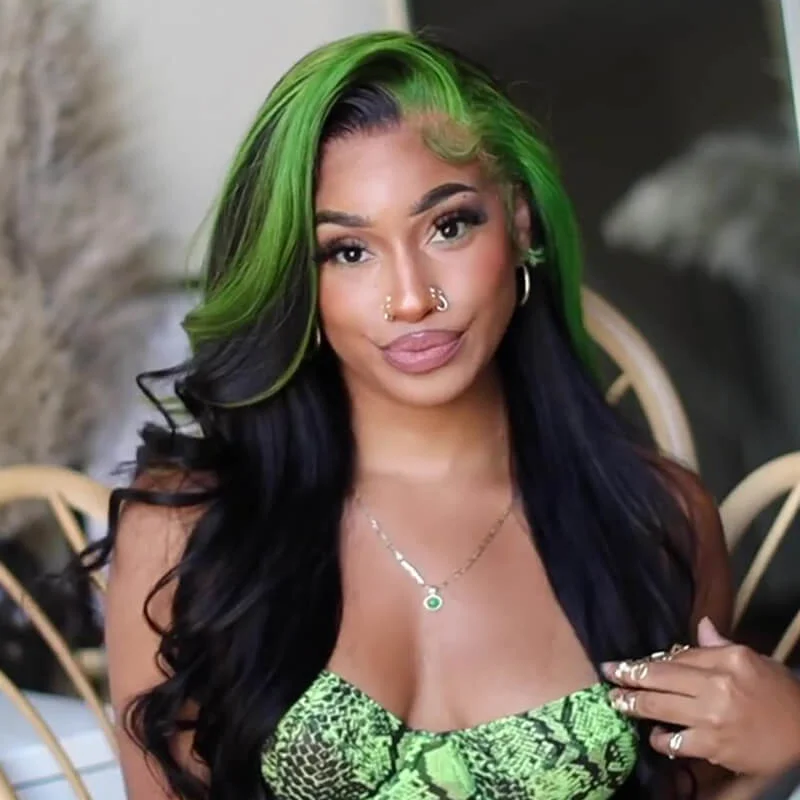 Colored wig with a wavy texture for a beachy and fun lookWavymy Black With Green Skunk Stripe Color Body Wave Wig 13x4 Highlights Lace Front Human Hair Ombre Wig