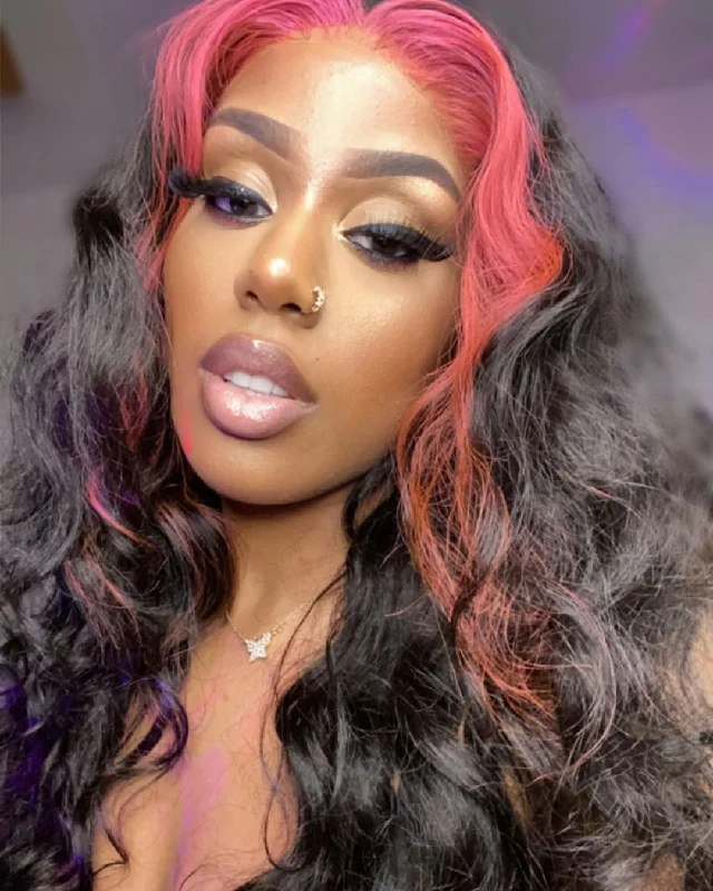 Colored wig with a curly texture for a bold and stylish choiceWavymy Pink Skunk Stripe Wig 13x4 Lace Front Ombre Skunk Highlight Wig