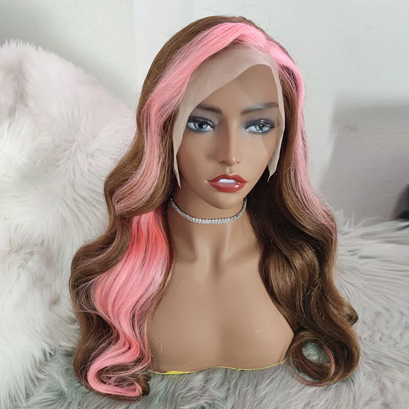 Colored wig with a 150 - density for a full and thick appearanceWavymy Strawberry Pink With  Chocolate  Skunk Stripe Color Wig 13x4 Highlights Lace Front Ombre Wig Virgin Human Hair