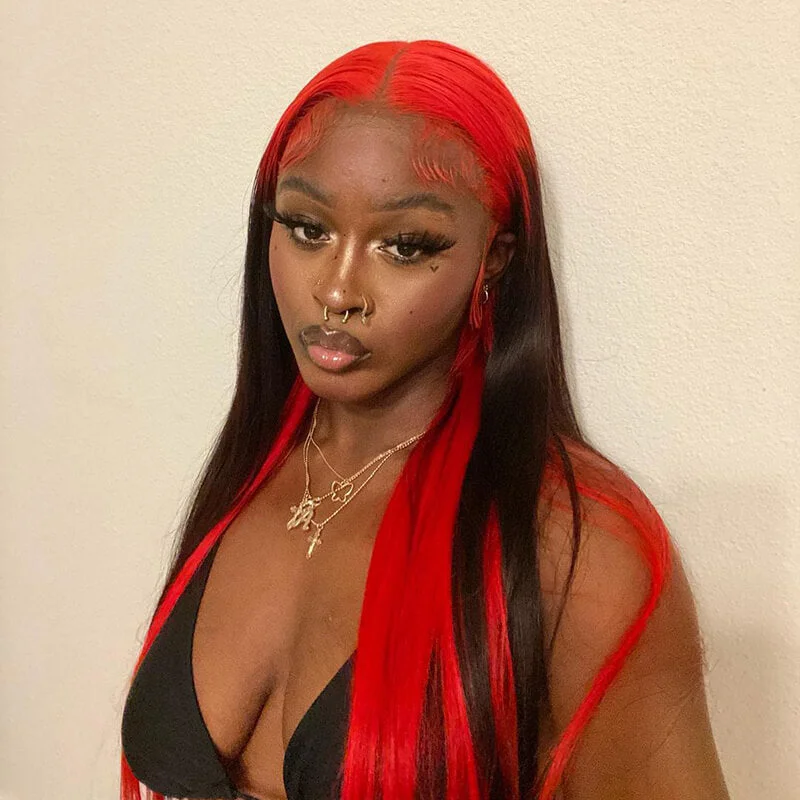 Colored wig with a red - orange hue for a warm and energetic lookWavymy Black Hair And Red Color Underneath Color Wig Highlights 13x4 Lace Front Straight Ombre Wig