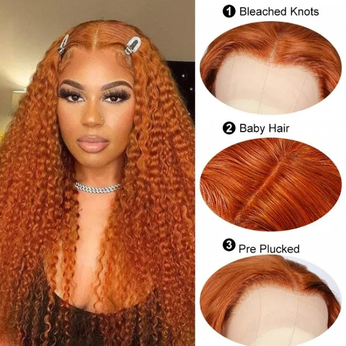 Colored wig with a side - part for a more flattering appearanceWavymy Kinky Curly Wigs Ginger Orange Color 13x4 Lace Front Human Hair Wig For Sale