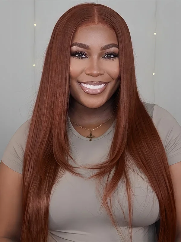 Adjustable - cap colored wig for a comfortable fitWavymy Layer Cut Reddish Brown 13x4 Lace Frontal Straight Transparent Lace Wigs Real Ear To Ear Lace Pre Plucked Human Hair Wigs 180% Density