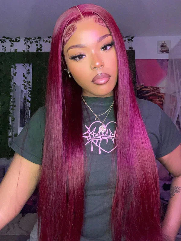 Colored wig with a straight texture for a sleek and minimalist lookWavymy 99J Silk Straight 4x4 Lace closure Wig Burgundy Straight Human Hair Wigs 14-30 Inch