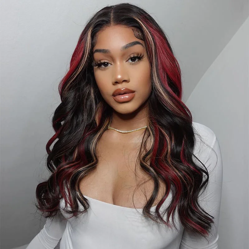 Human - hair colored wig for a natural and luxurious feelWavymy Multi Color Ombre Highlights 13x4 Lace Front Wig Red And Blonde Body Wave Wigs