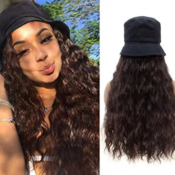 Synthetic colored wig with a heat - resistant formula for easy stylingWavymy Natural Wave Bucket Hat Wig Brown Color Human Hair Attached