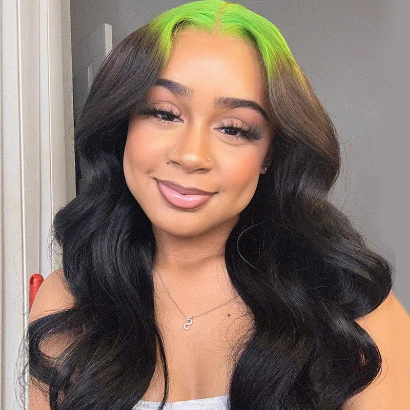 Colored wig with a middle - part for a classic and elegant styleWavymy Ombre Green To Black Wigs Body Wave 13x4 Lace Front Skunk Stripe Color Wig Virgin Human Hair 10-26 Inch