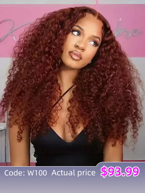 Colored wig with a wispy fringe for a soft and feminine look$100 Off Code: W100 | Wavymy Reddish Brown Wear & Go Kinky Curly 4x6 Lace Closure Wigs 180% Density