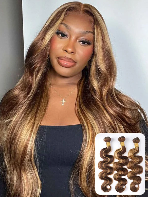 Colored wig with a middle - part for a classic and elegant styleWavymy Virgin Human Hair 4/27 Honey Blonde Highlight Color Weave 3 Bundles With 4x4 Lace Closure