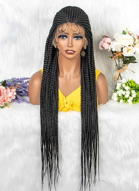 Braided wigs for a formal event with a sophisticated design34inch Black Long box braids lace front wig  for African American