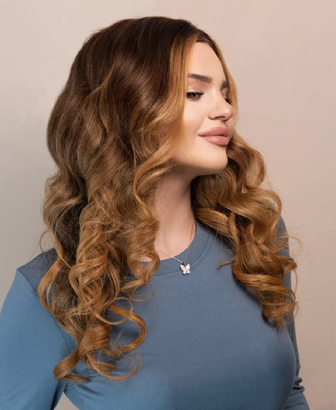 Lace wig with a middle - part for a classic and elegant stylelace front human wig - 20" chestnut blonde balayage.