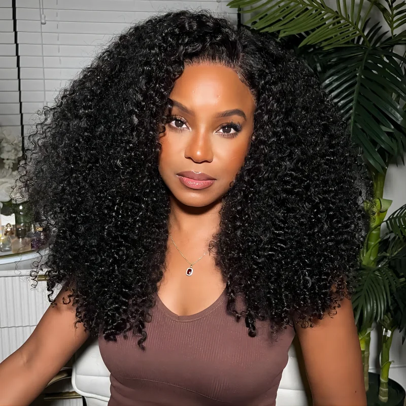 Lace wig in a chocolate - brown color for a rich and warm appearanceKlaiyi 4c Kinky Edge Kinky Curly Skin Melt 7x5 Bye Bye Knots Wig Virgin Human Hair Natural Hairline