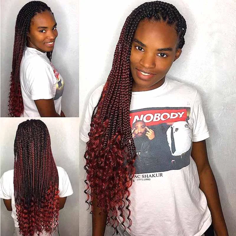 Kinky braided wigs with a tight curl pattern for authenticityLong Ombre Red Box Braid Lace Frontal Wig For African American