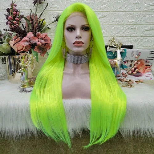 Lace wig with a platinum - blonde color for a bold and trendy lookPremium Wig - Neon Yellow Silky Straight Lace Front Wig