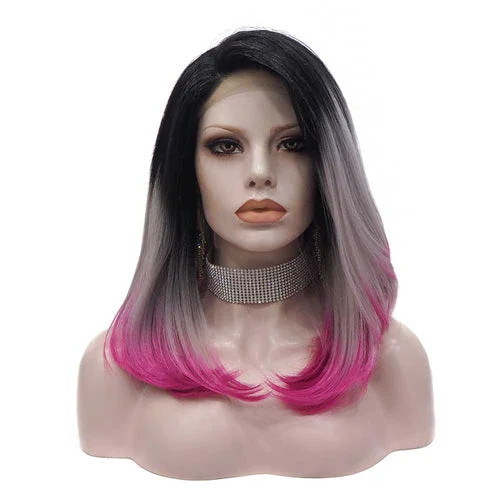 Lace wig with a 200 - density for a full and thick appearancePremium Wig - Rooted Ash Blonde with Pink Edge Medium Lace Front Wig