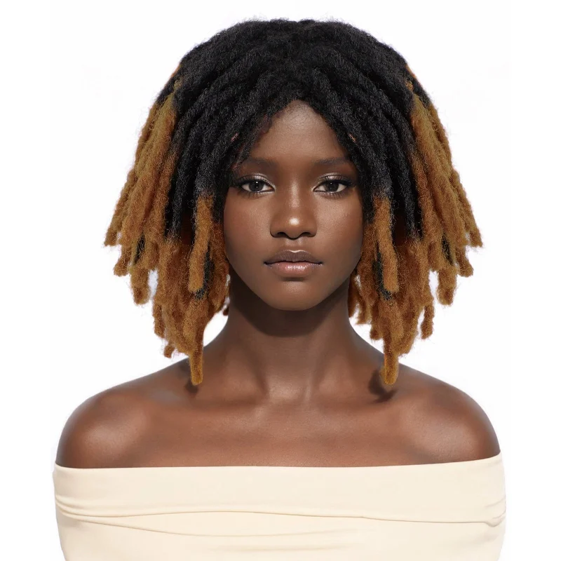 Braided wigs with a pre - plucked hairline for a natural lookShort Dreadlocks Braided Wig 8inch Ombre Brown Braiding Wig for Black Women