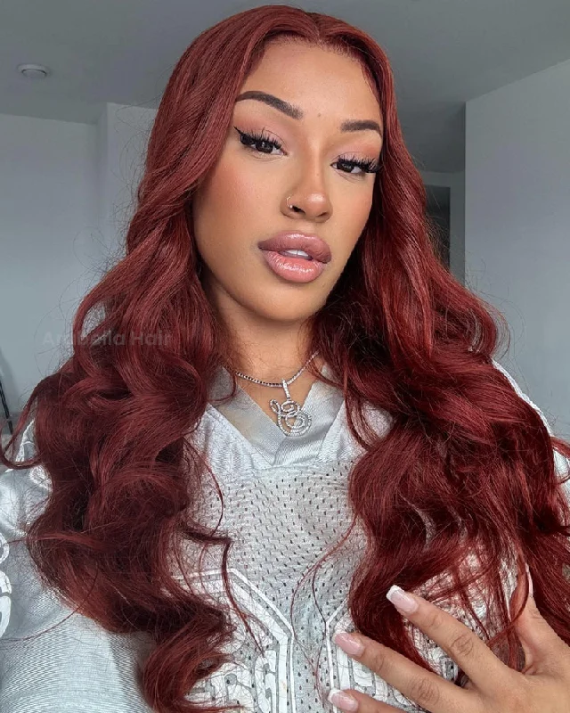 Lace wig with a wavy texture for a beachy look#33 Reddish Auburn Colored Body Wave Human Hair Wig - 13x4 Lace Front Colored Wig