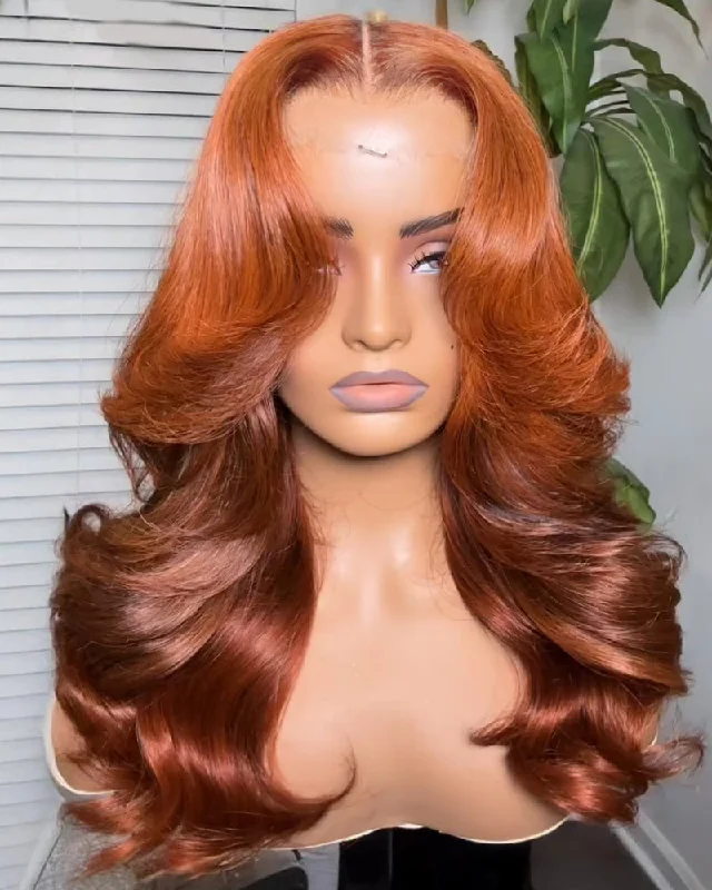 Lace wig with a 200 - density for a full and thick appearance6x5 Lace Ombre Ginger Brown Colored Pre-Layered Loose Body Wave Pre-Cut Glueless Human Hair Wig