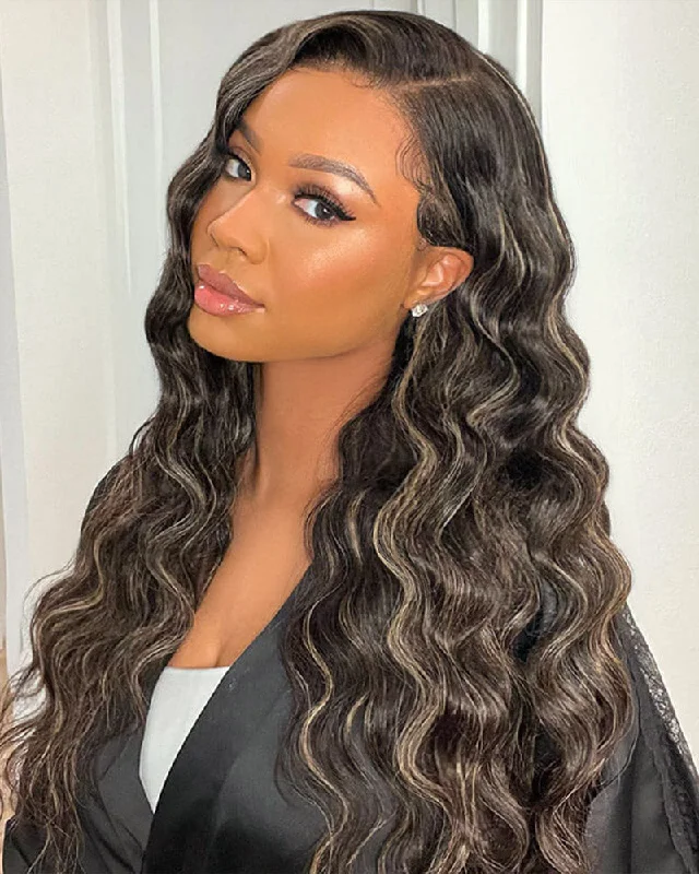 Adjustable - cap lace wig for a comfortable fitHighlight Gold Sand Colored 13x4 Lace Frontal Pre-Cut Lace Easy-Wear Wigs Body Wave/Straight Natural Hairline Human Hair Wig